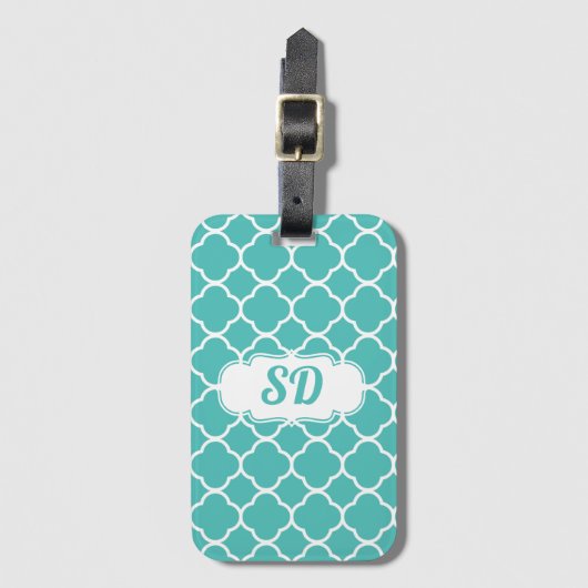 Turquoise Vierbladige Bloem Custom Monogram Bagagelabel (Voorkant (verticaal))
