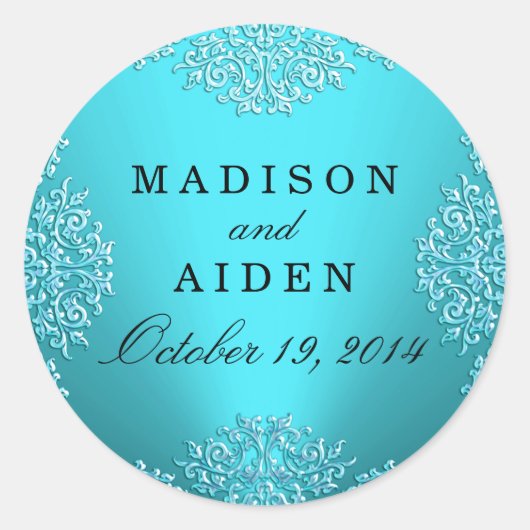 Turquoise Vintage Damask Trouwsticker Ronde Sticker (Voorkant)