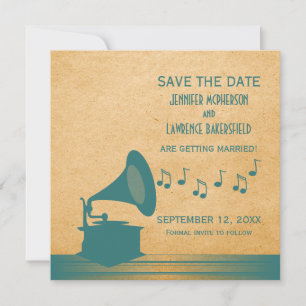 Turquoise Vintage Grammofoon Save the Date Uitnodi Kaart
