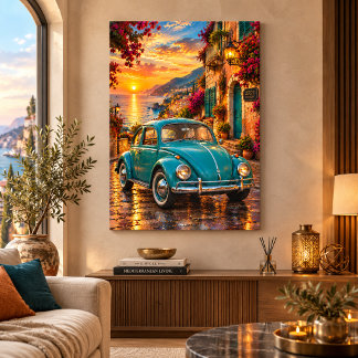 Turquoise Vintage Kever Mediterrane Zonsondergang Canvas Afdruk