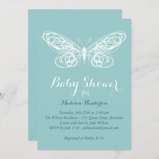 turquoise vlinder Baby shower uitnodiging (Voorkant / Achterkant)