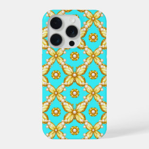 Turquoise Vlinder Luxe ✨ Goud Siermotief Parel iPhone 15 Pro Case