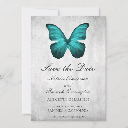 Turquoise Vlinder Save the Date Uitnodiging (Voorkant)