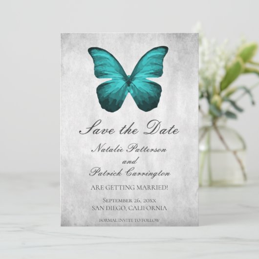 Turquoise Vlinder Save the Date Uitnodiging (Staand voorkant)