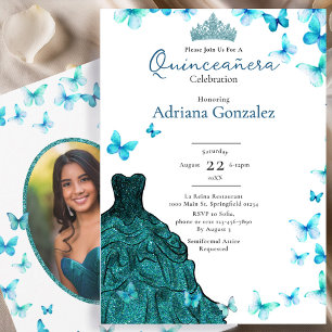 Turquoise Vlinders Jurk Tiara Foto Quinceanera Kaart