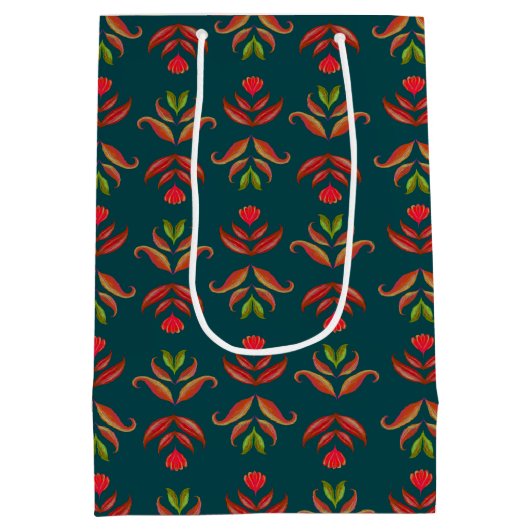 Turquoise Volkskunst Bloemendruk Cozy Rustieke Her Medium Cadeauzakje (Achterkant)