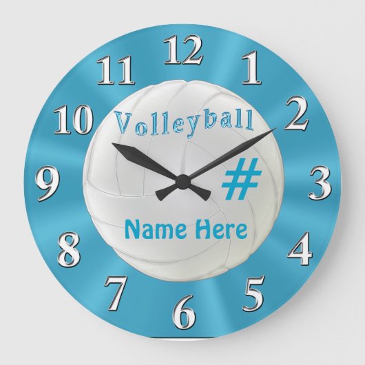 Turquoise VOLLEYBALL Clock met NAAM en NUMMER Grote Klok (Voorkant)