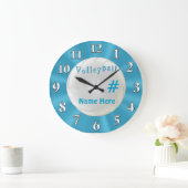 Turquoise VOLLEYBALL Clock met NAAM en NUMMER Grote Klok (Huis)
