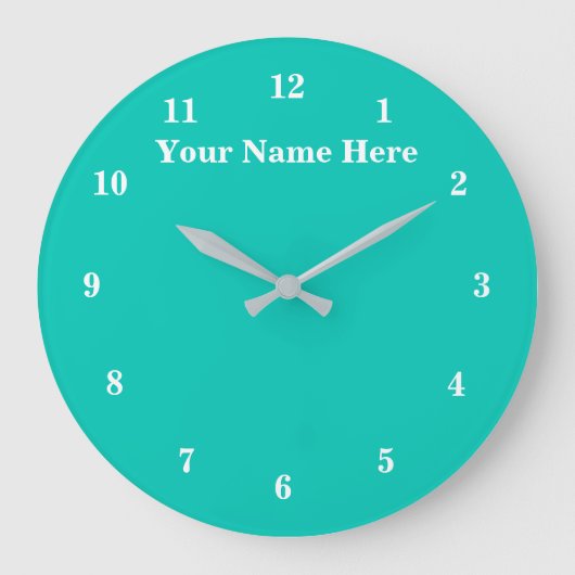 Turquoise wandklok met aangepaste tekst en kleuren (Voorkant)