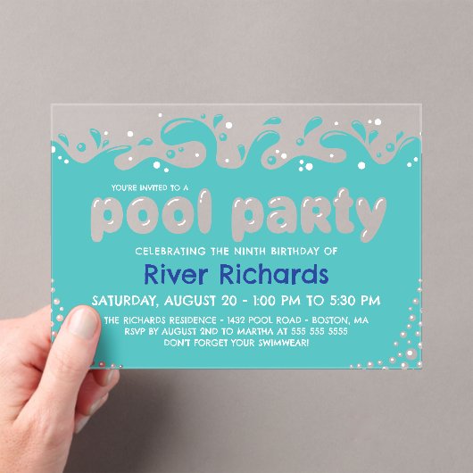Turquoise Water Splashes Kids Verjaardag Pool Part Acryl Uitnodigingen (Insitu (Draagbaar))