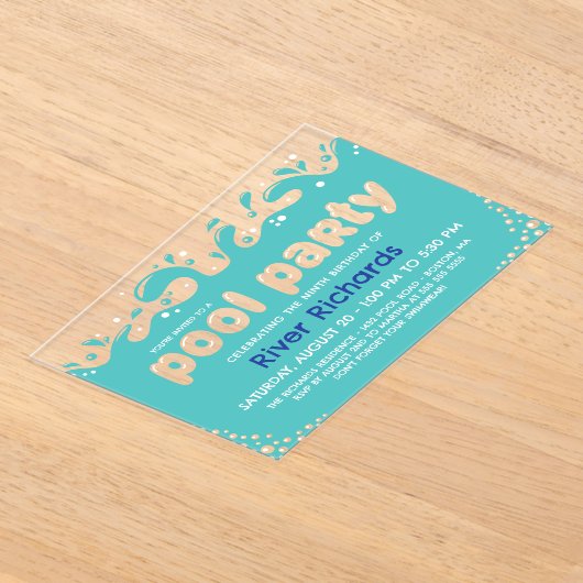 Turquoise Water Splashes Kids Verjaardag Pool Part Acryl Uitnodigingen (Laagn)