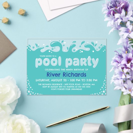 Turquoise Water Splashes Kids Verjaardag Pool Part Acryl Uitnodigingen (Insitu (Huwelijk))