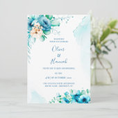  Turquoise Watercolor Floral Wedding Invitation Kaart (Staand voorkant)