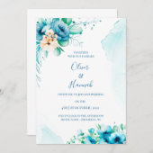  Turquoise Watercolor Floral Wedding Invitation Kaart (Voorkant / Achterkant)