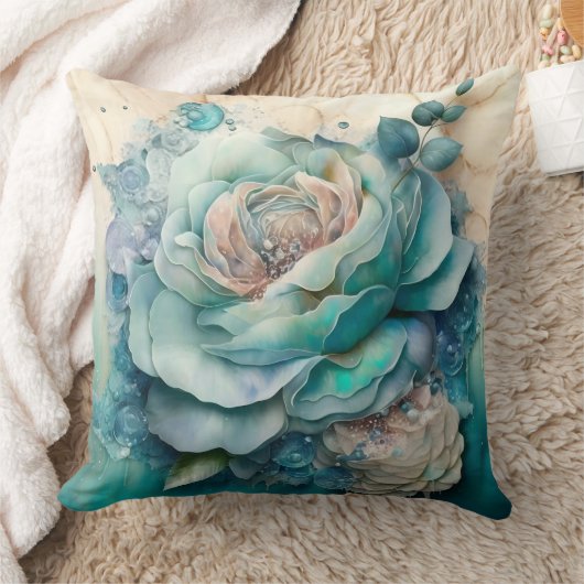 Turquoise Watercolor Roos Vergroot Kussen (Deken)