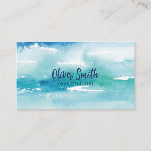 Turquoise Waterverf Abstracte Oceaan Visitekaartje (Voorkant)