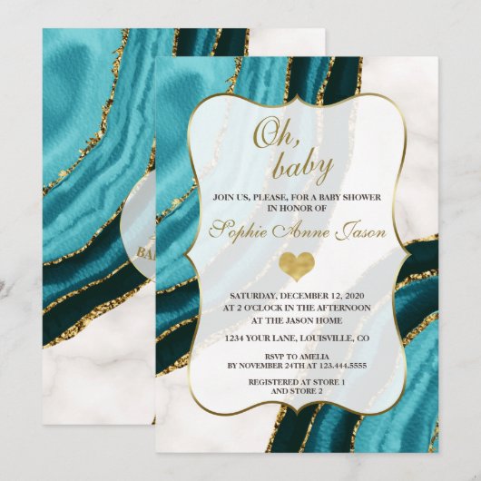 Turquoise Waterverf Agate Gold Baby shower Kaart (Voorkant / Achterkant)