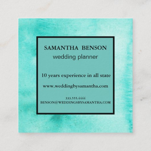 Turquoise Waterverf Bruiloft Planner Square Vierkante Visitekaartje (Achterkant)