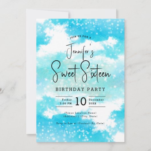 Turquoise Waterverf Clouds Sweet 16 Party Kaart (Voorkant)