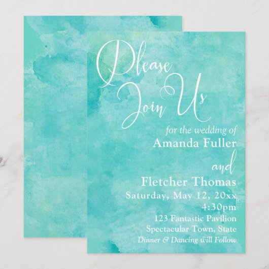 Turquoise Waterverf Elegant Typografie Wedding 2 Kaart (Voorkant / Achterkant)