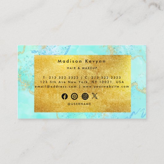 Turquoise Waterverf en faux gouden folie Visitekaartje (Achterkant)