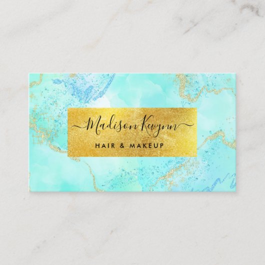 Turquoise Waterverf en faux gouden folie Visitekaartje (Voorkant)