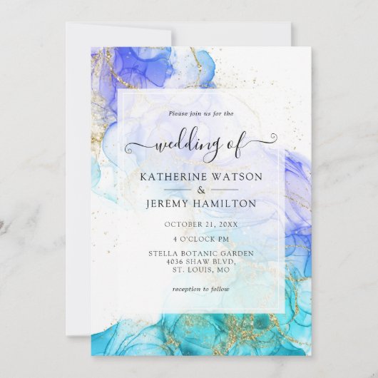 Turquoise Waterverf en gouden bruiloft Kaart (Voorkant)