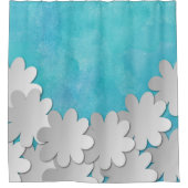 Turquoise Waterverf en Witte Bloemen Douchegordijn (Voorkant)