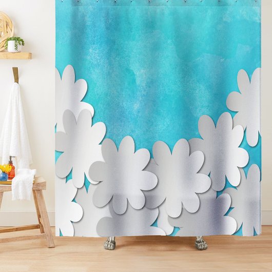 Turquoise Waterverf en Witte Bloemen Douchegordijn