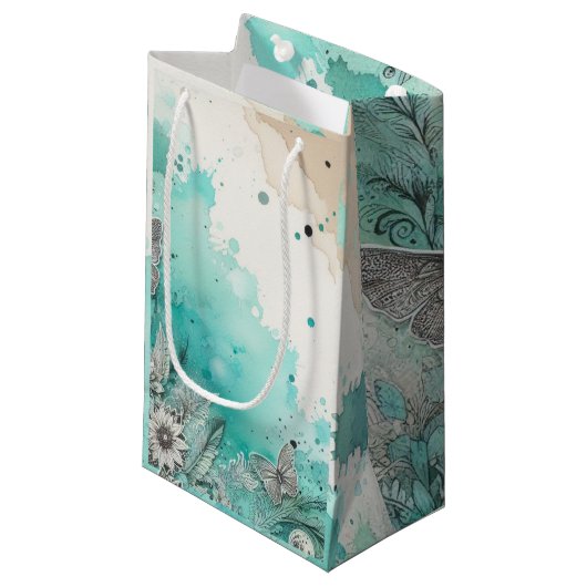 Turquoise Waterverf Ephemera Klein Cadeauzakje (Voorkant Gekanteld)