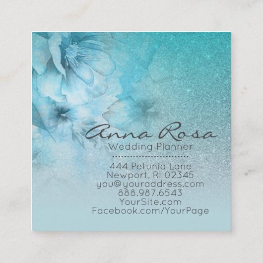 *~* Turquoise Waterverf Floral Glitter Celestial Vierkante Visitekaartje (Achterkant)