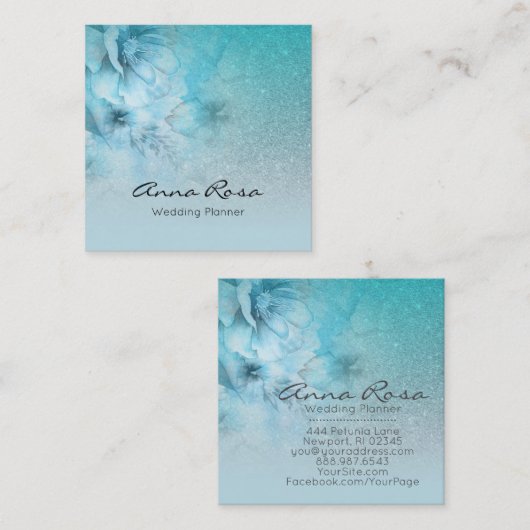 *~* Turquoise Waterverf Floral Glitter Celestial Vierkante Visitekaartje (Voorkant / Achterkant)