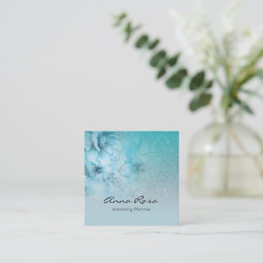 *~* Turquoise Waterverf Floral Glitter Celestial Vierkante Visitekaartje (Staand voorkant)