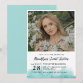 Turquoise Waterverf Foto Sweet 16 Kaart (Voorkant / Achterkant)