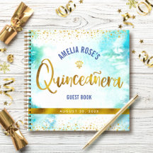 Turquoise Waterverf Gold Quinceañera Guest Book