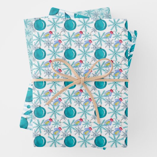 Turquoise Waterverf kerstballen en Snowflake Inpakpapier Vel (In situ)