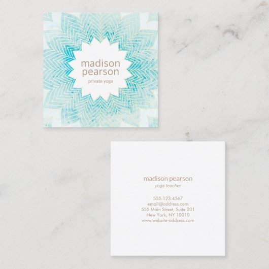 Turquoise Waterverf Lotus Mandala Flower Yoga Vierkante Visitekaartje (Voorkant / Achterkant)