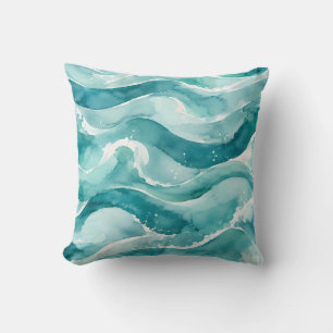 Turquoise Waterverf Oceaan Abstracte Golven Kussen