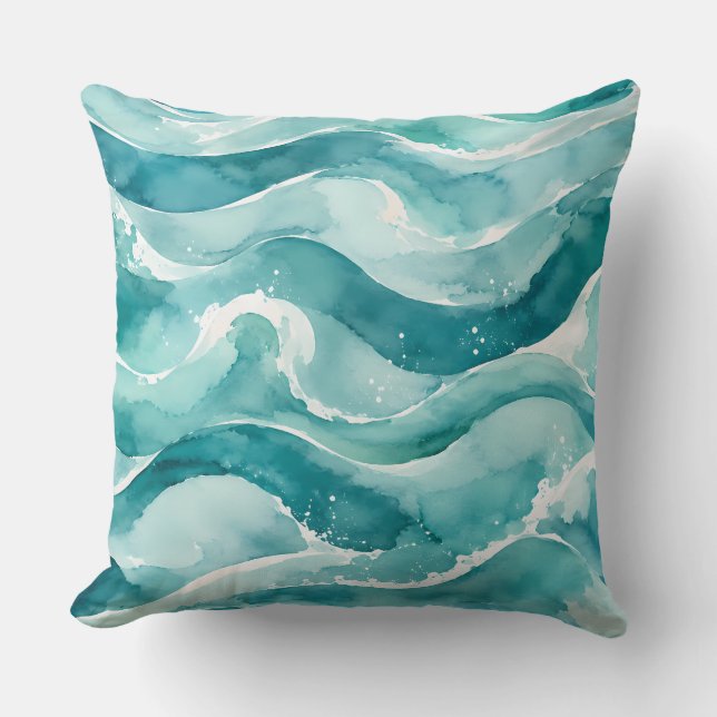 Turquoise Waterverf Oceaan Golven Abstract Kussen (Voorkant)