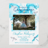 Turquoise Waterverf Orchid, Dragonfly Quinceanera Folie Uitnodiging (Voorkant)