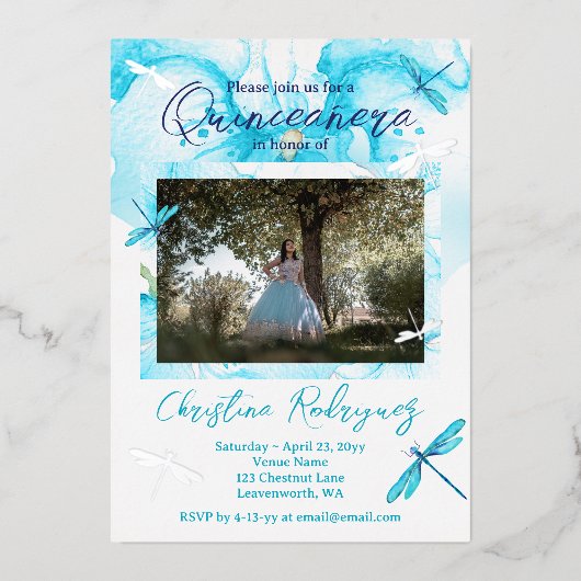 Turquoise Waterverf Orchid, Dragonfly Quinceanera Folie Uitnodiging (Voorkant)
