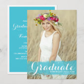 Turquoise Waterverf Overlay Foto Afstuderen Kaart (Voorkant / Achterkant)