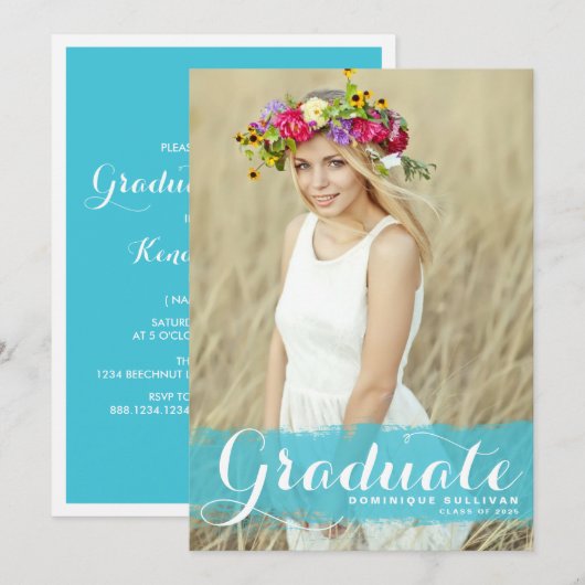 Turquoise Waterverf Overlay Foto Afstuderen Kaart (Voorkant / Achterkant)