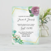 Turquoise Waterverf & Paarse bloemenbruiloft Kaart (Staand voorkant)