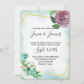 Turquoise Waterverf & Paarse bloemenbruiloft Kaart (Voorkant)