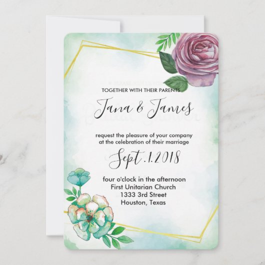 Turquoise Waterverf & Paarse bloemenbruiloft Kaart (Voorkant)