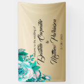Turquoise Waterverf Rozen Golden Elegance Bruiloft Spandoek (Verticaal)
