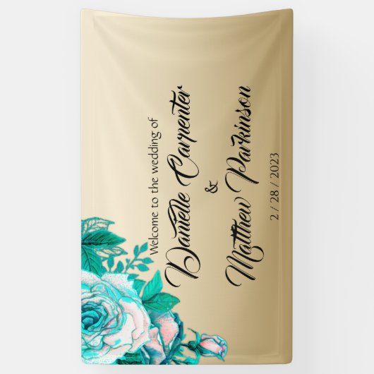 Turquoise Waterverf Rozen Golden Elegance Bruiloft Spandoek (Verticaal)