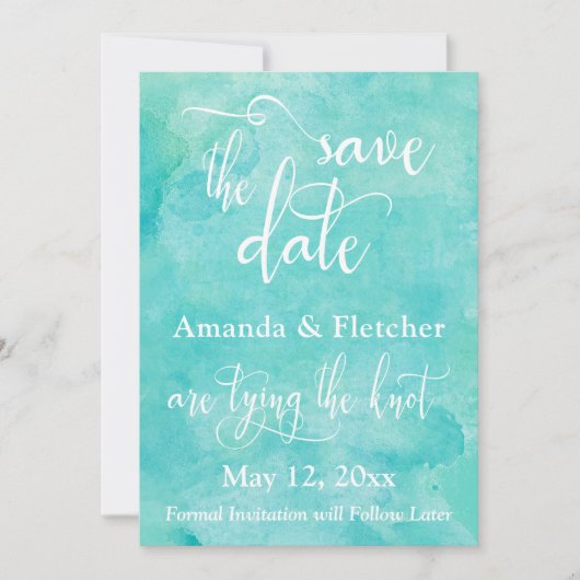 Turquoise Waterverf Typografie Bewaar de Datum Save The Date (Voorkant)