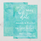 Turquoise Waterverf Typografie Bewaar de Datum Save The Date (Voorkant / Achterkant)